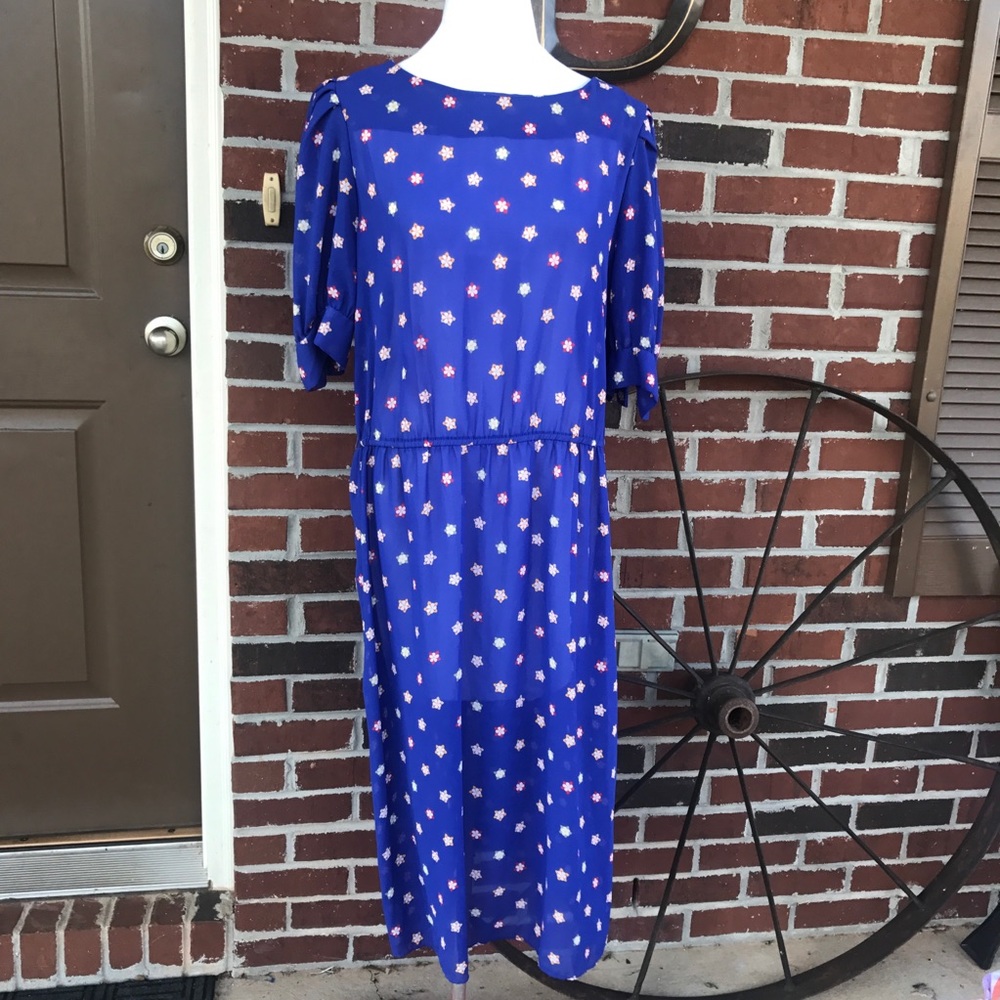 Vintage blue floral dress bloused shirt waist  secretary dress size large
